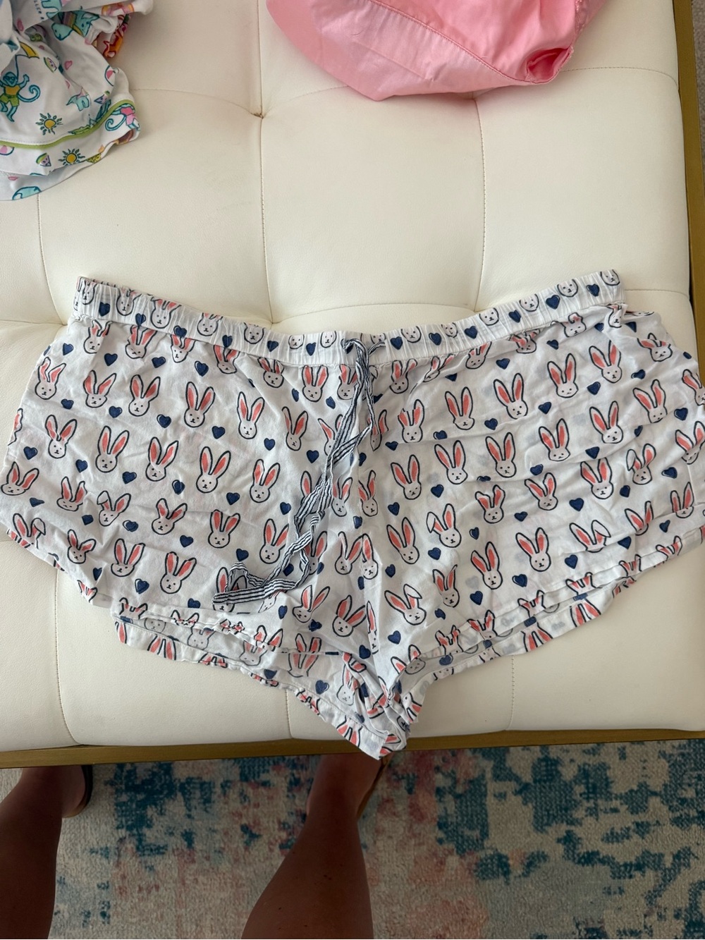 Roller Rabbit White Bunny Print Lounge Shorts with Pink & Navy Hearts
